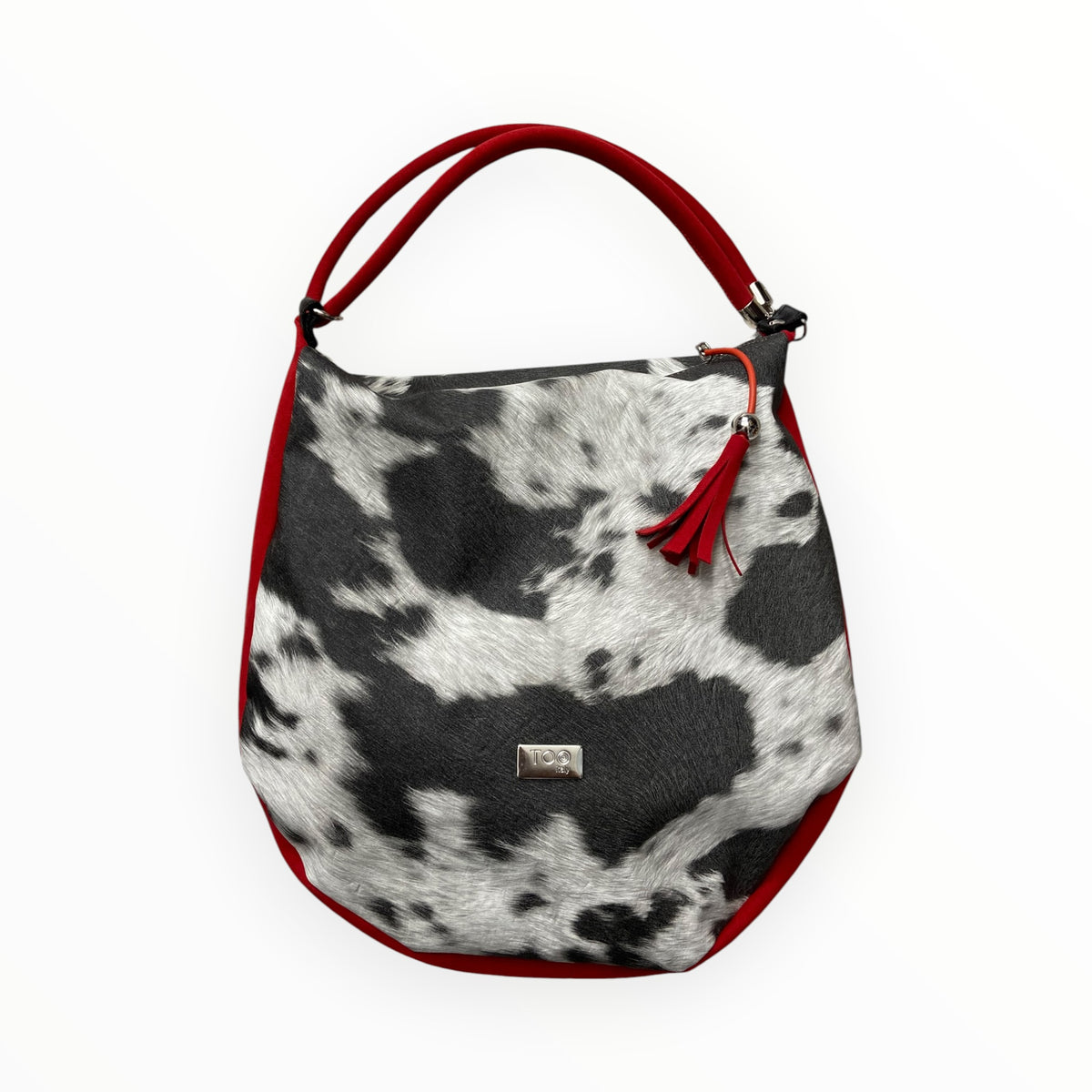 Borsa Hobo donna effetto cavallino bianco e nero con dettagli rossi