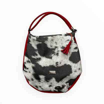 Borsa Hobo donna effetto cavallino bianco e nero con dettagli rossi