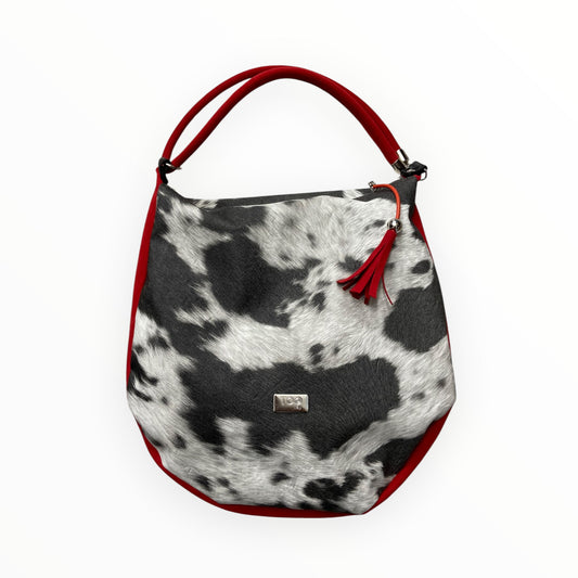 Borsa Hobo donna effetto cavallino bianco e nero con dettagli rossi