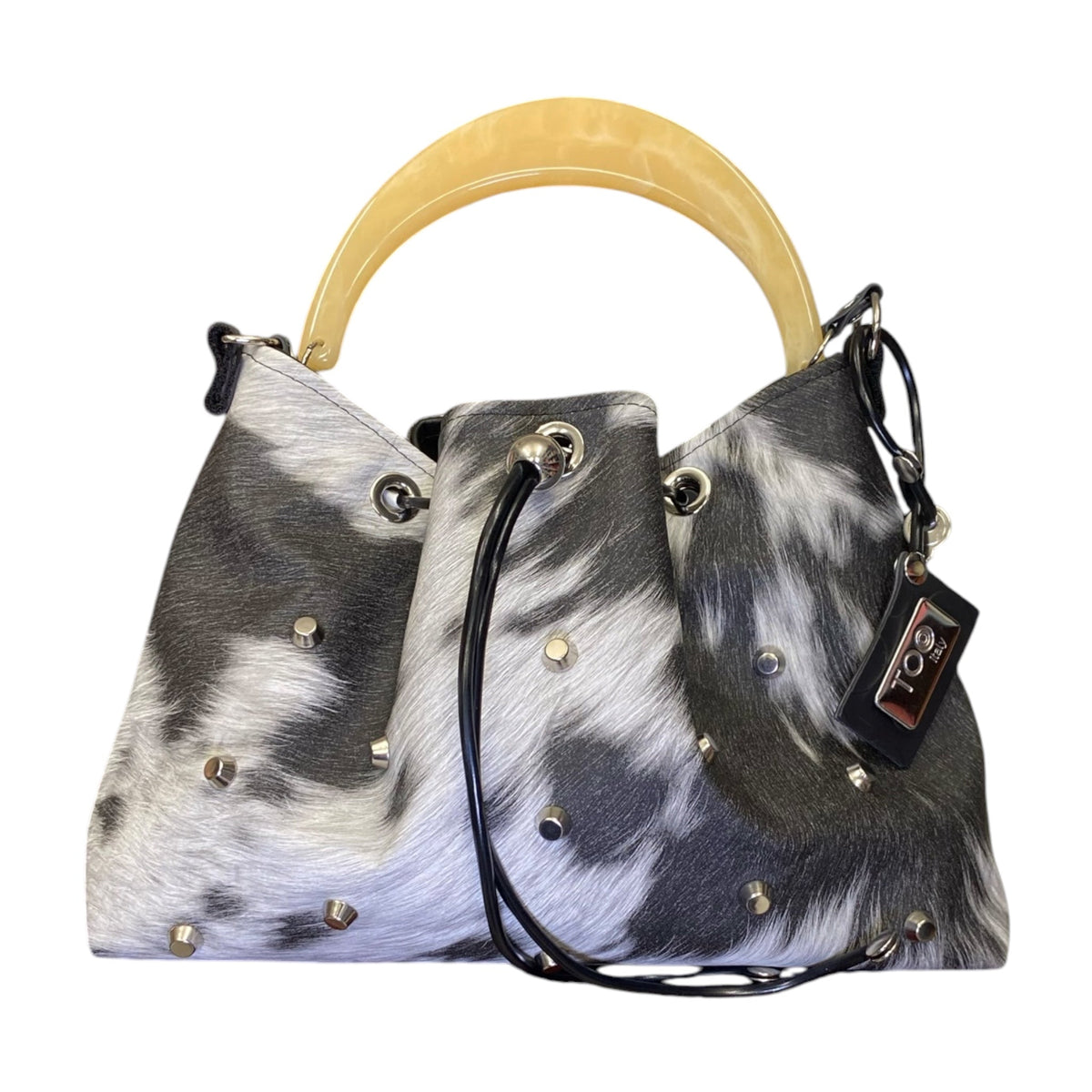 Fiorentina Cow borsa a secchiello donna effetto muccato con borchie e manico in resina miele