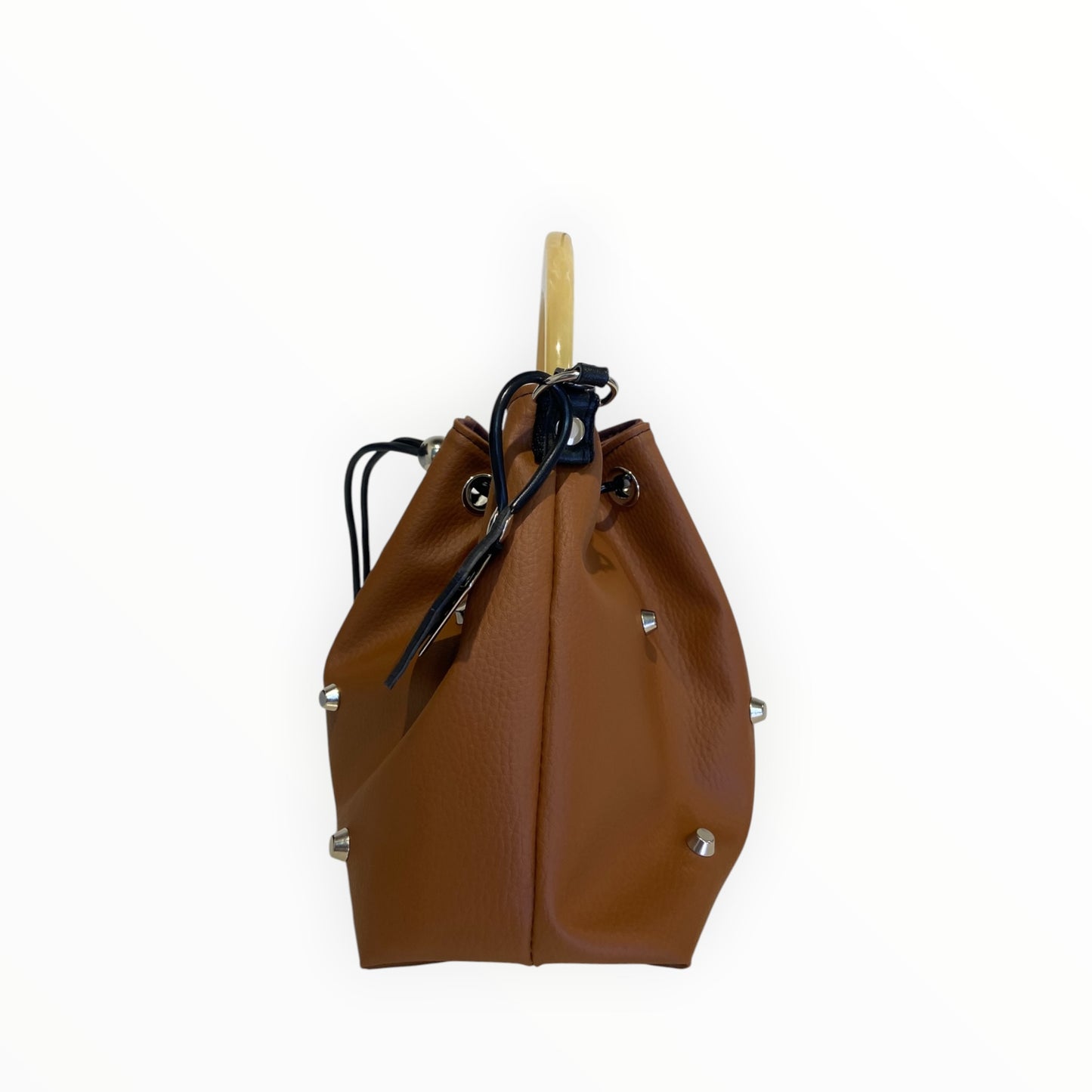 
Borsa Fiorentina cuoio con chiusura a coulisse e manico in resina effetto miele
