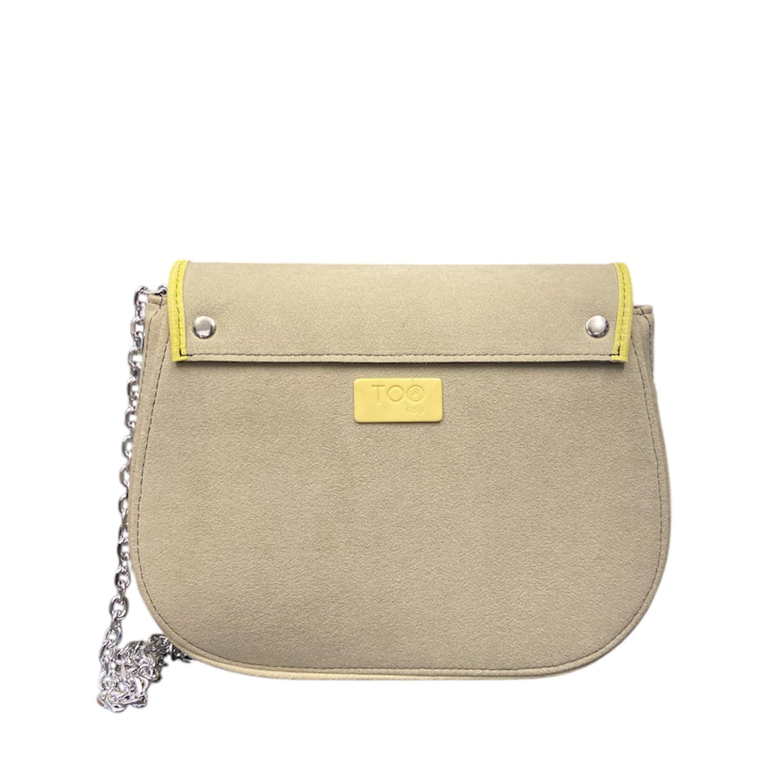Everyday, borsa con struttura semirigida in alcantara sabbia con bordo a contrasto in alcantara lime