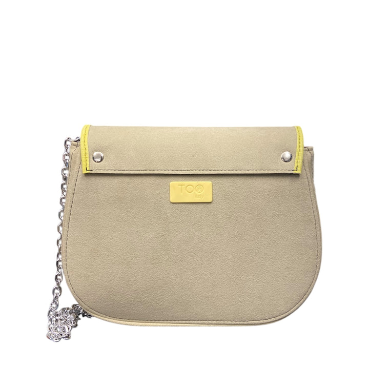 Everyday, borsa con struttura semirigida in alcantara sabbia con bordo a contrasto in alcantara lime