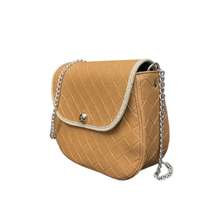 Everyday, borsa con struttura semirigida in pelle vegan intrecciata corda con bordo a contrasto in alcantara ghiaccio con stecchetta blu