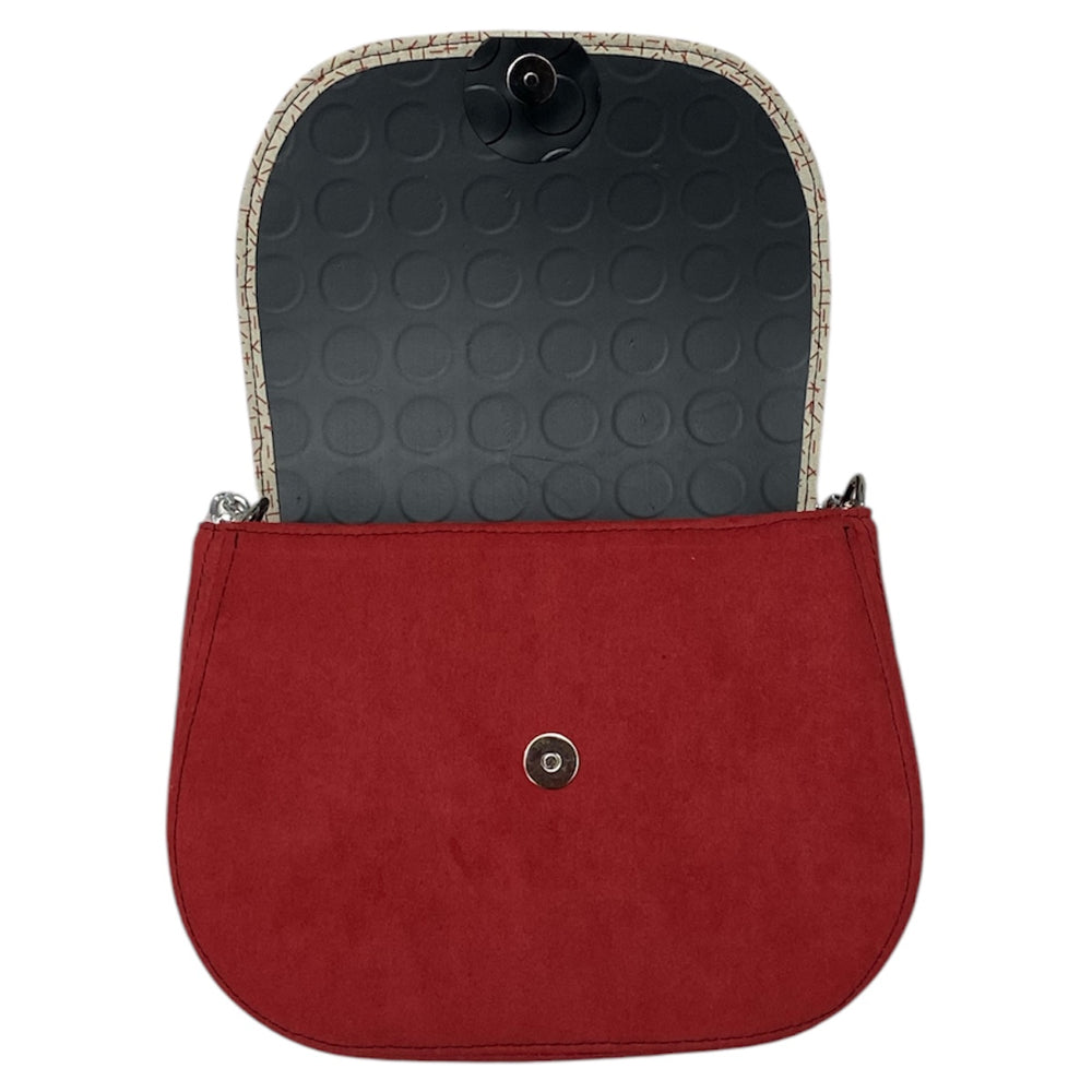 Everyday, borsa con struttura morbida in alcantara corallo con bordo a contrasto in alcantara ghiaccio stecchetta rossa