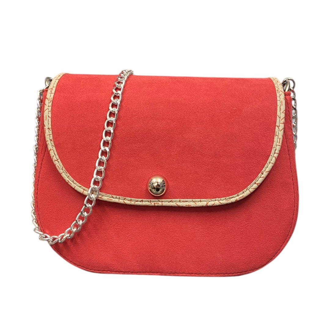 Everyday, borsa con struttura morbida in alcantara corallo con bordo a contrasto in alcantara ghiaccio stecchetta rossa