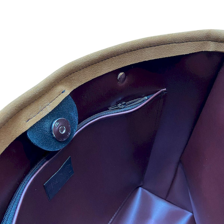 Tote : borsa a spalla artigianale in tessuti circolari e alcantara, con tasca interna con cerniera, chiusura calamitata e manici in Cordura riciclata