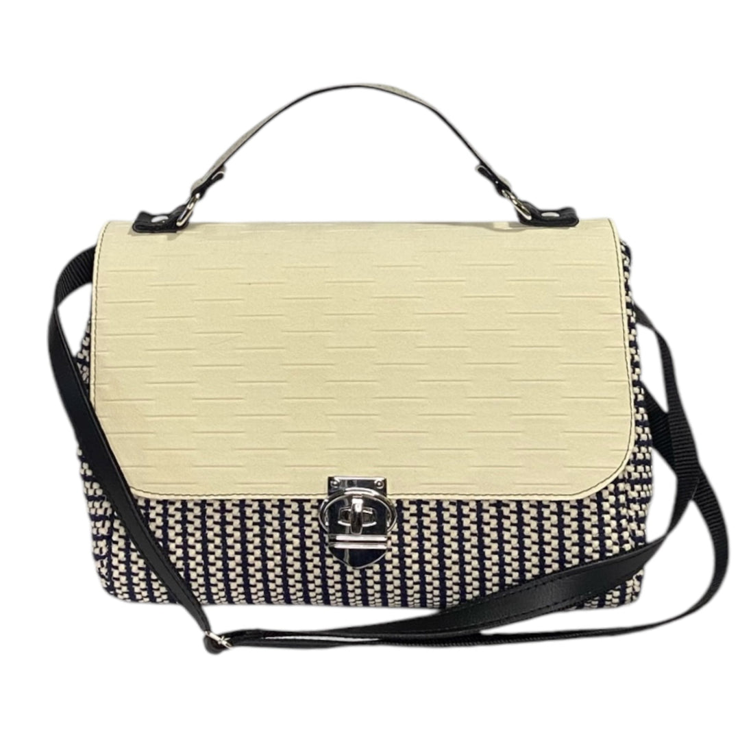 Miura Maxi, borsa con scocca rigida in tessuto a chicco panna e blu e patta in alcantara panna