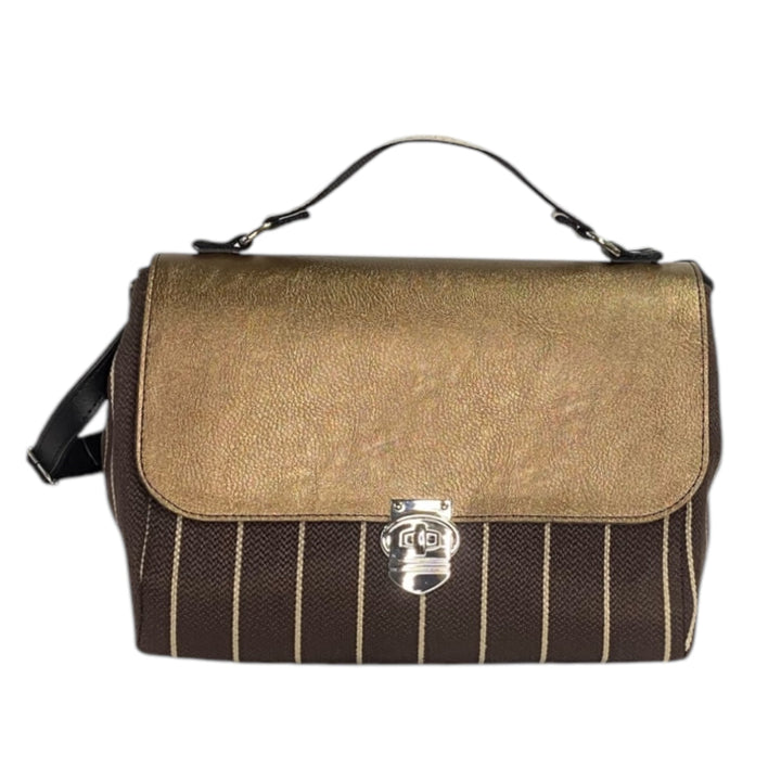 Miura Maxi, borsa con scocca rigida in tessuto rafia e patta in pelle vegan bronzata