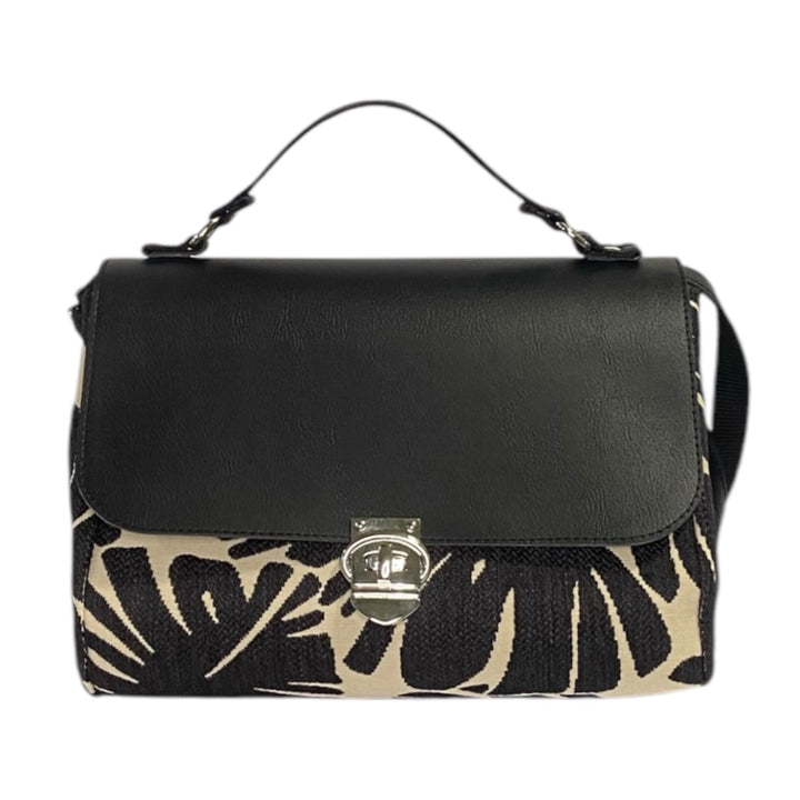 Miura Maxi borsa con scocca rigida in tessuto da tappezzeria foglia e patta pelle vegan