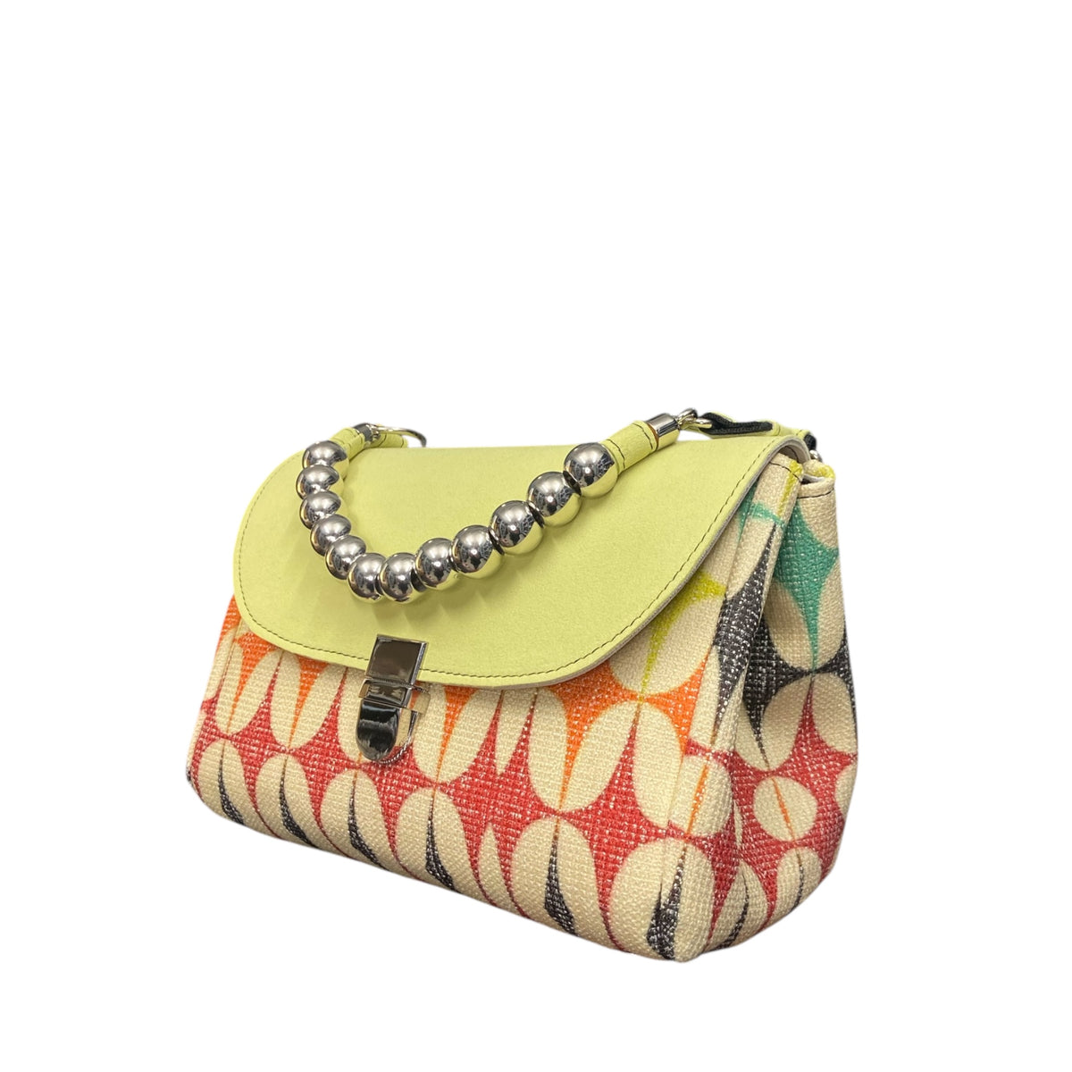 Mini Miura TOOitaly in jacquard e alcantara lime con manico a sfere. Borsa compatta Made in Italy con tracolla removibile.