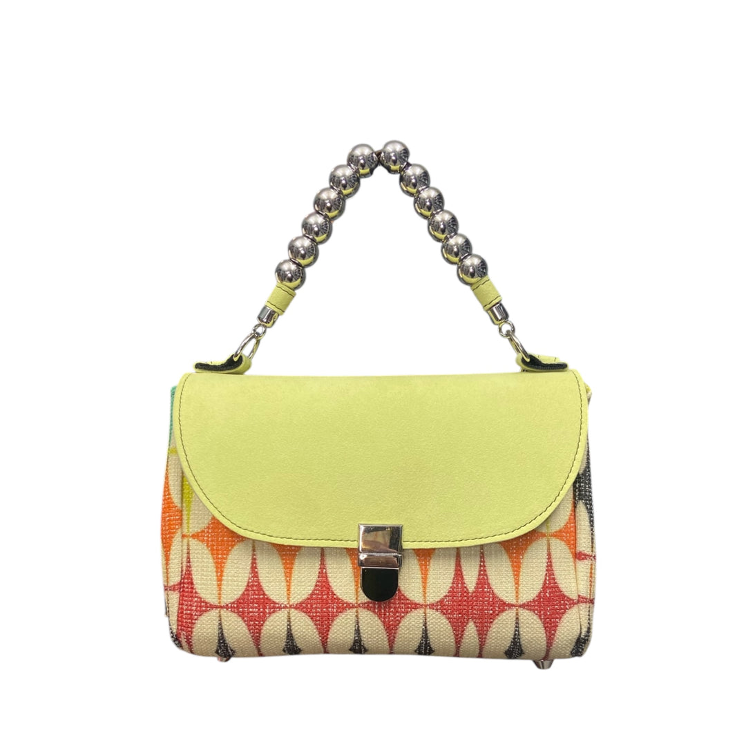 Mini Miura TOOitaly in jacquard e alcantara lime con manico a sfere. Borsa compatta Made in Italy con tracolla removibile.