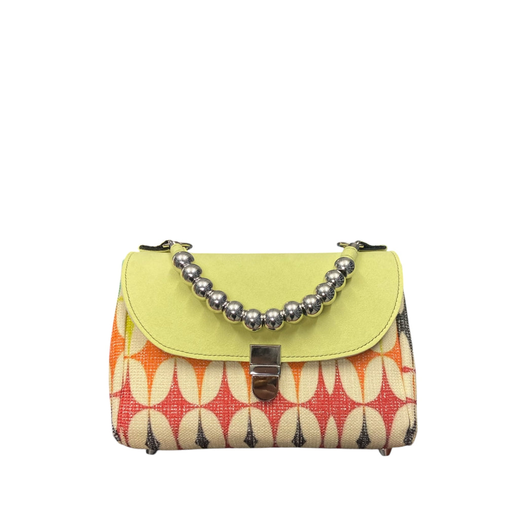 Mini Miura TOOitaly in jacquard e alcantara lime con manico a sfere. Borsa compatta Made in Italy con tracolla removibile.