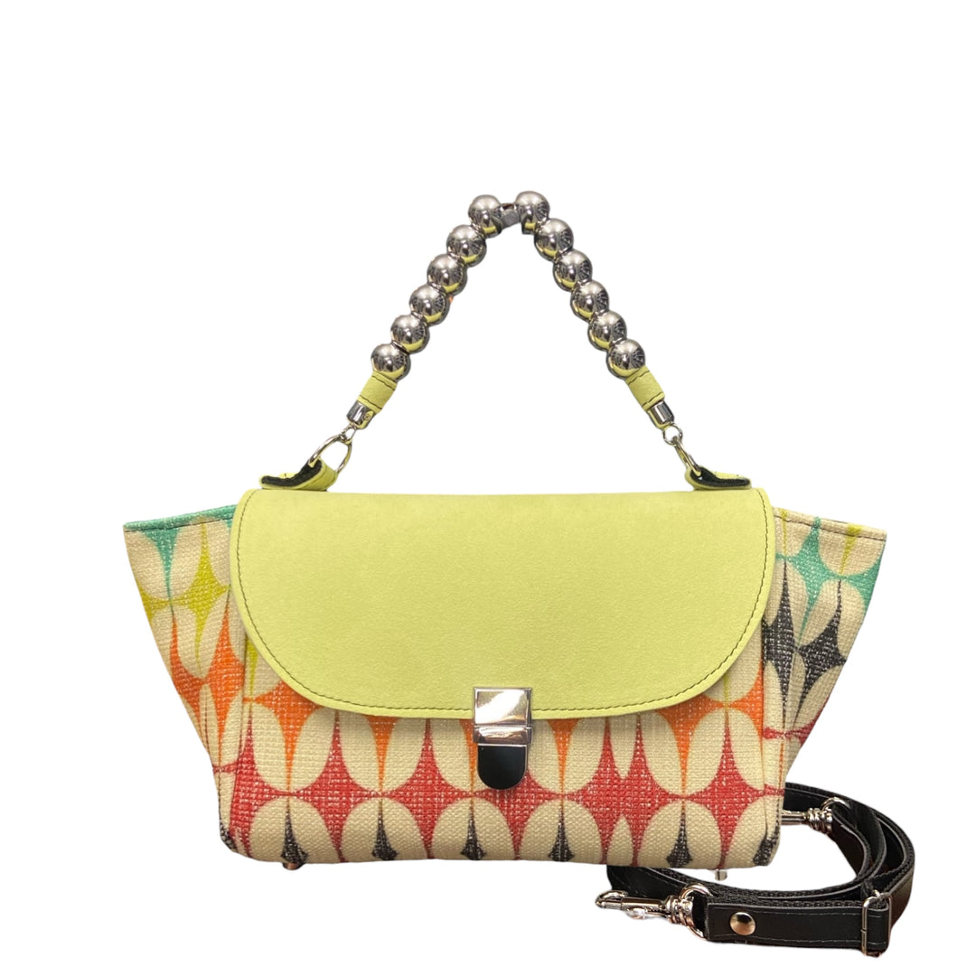 Mini Miura TOOitaly in jacquard e alcantara lime con manico a sfere. Borsa compatta Made in Italy con tracolla removibile.