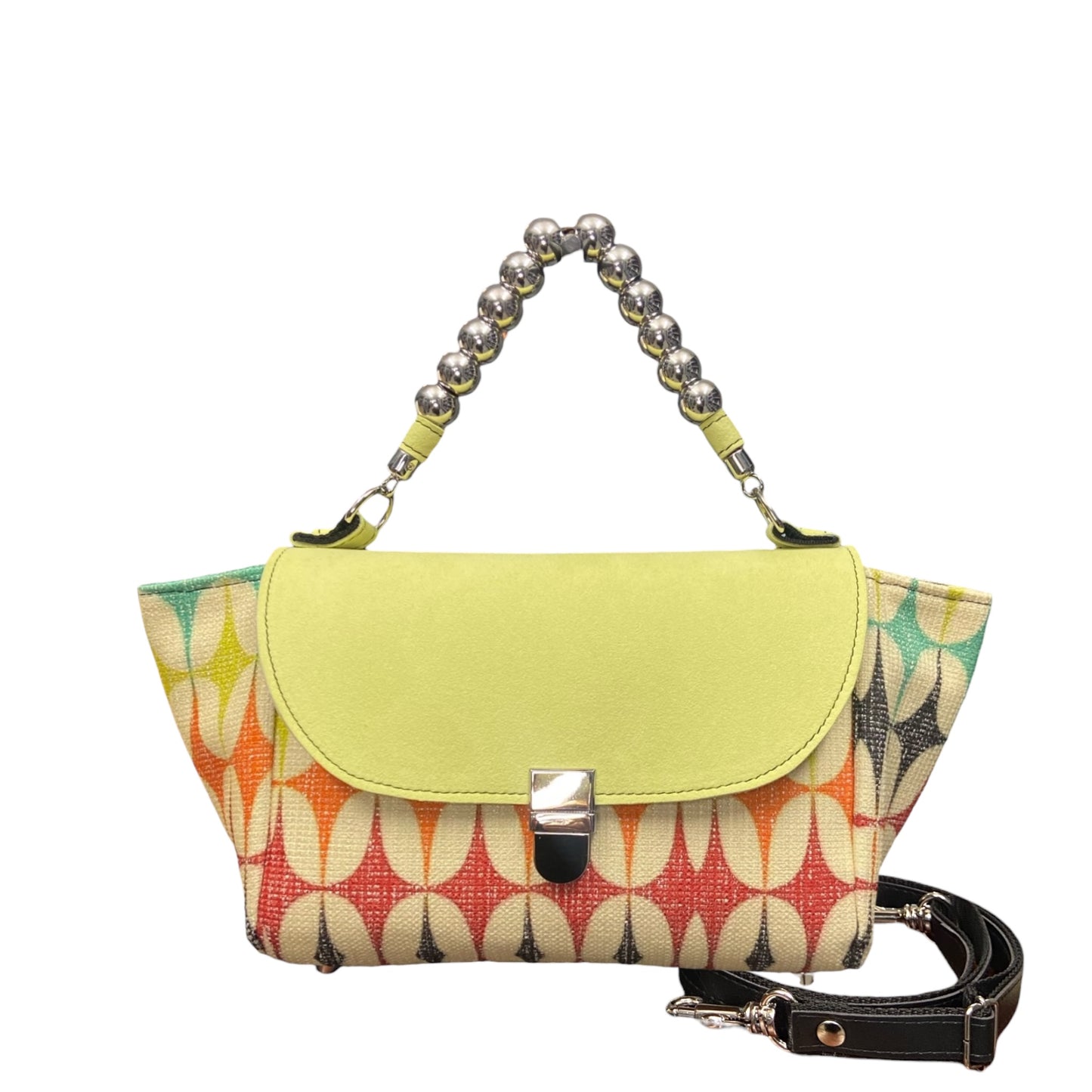 Mini Miura TOOitaly in jacquard e alcantara lime con manico a sfere. Borsa compatta Made in Italy con tracolla removibile.