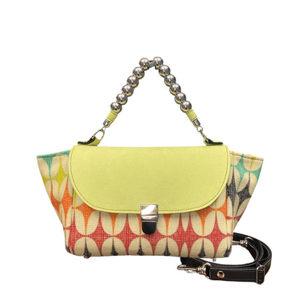 Mini Miura TOOitaly in jacquard e alcantara lime con manico a sfere. Borsa compatta Made in Italy con tracolla removibile.