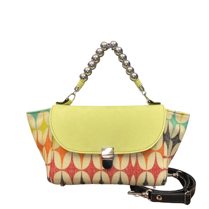 Mini Miura TOOitaly in jacquard e alcantara lime con manico a sfere. Borsa compatta Made in Italy con tracolla removibile.