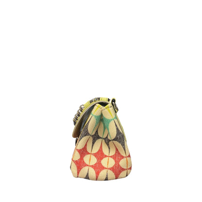 Mini Miura TOOitaly in jacquard e alcantara lime con manico a sfere. Borsa compatta Made in Italy con tracolla removibile.