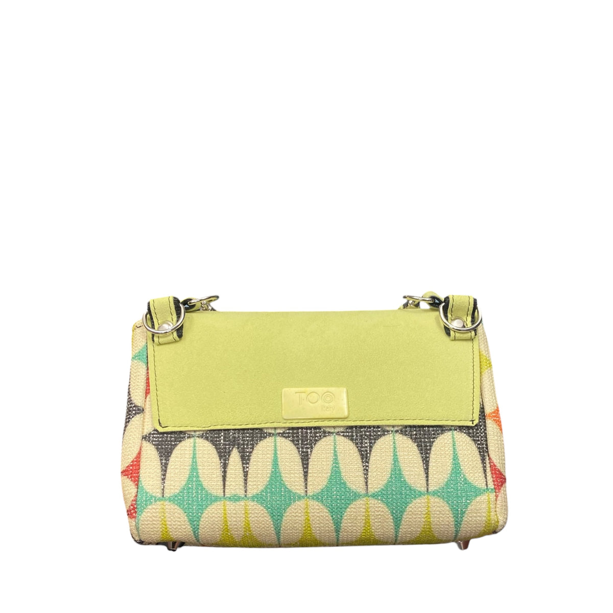 Mini Miura TOOitaly in jacquard e alcantara lime con manico a sfere. Borsa compatta Made in Italy con tracolla removibile.