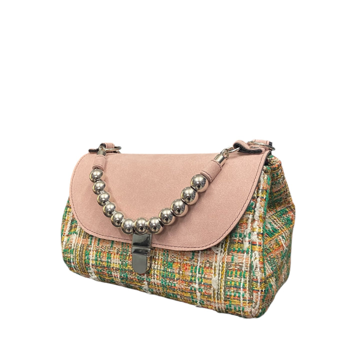 Mini Miura TOOitaly in tweed Chicco e alcantara rosa. Borsa elegante con manico a sfere e tracolla removibile.