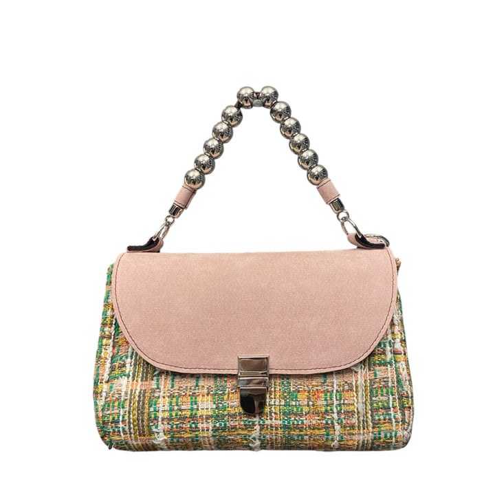 Mini Miura TOOitaly in tweed Chicco e alcantara rosa. Borsa elegante con manico a sfere e tracolla removibile.