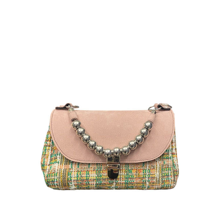 Mini Miura TOOitaly in tweed Chicco e alcantara rosa. Borsa elegante con manico a sfere e tracolla removibile.