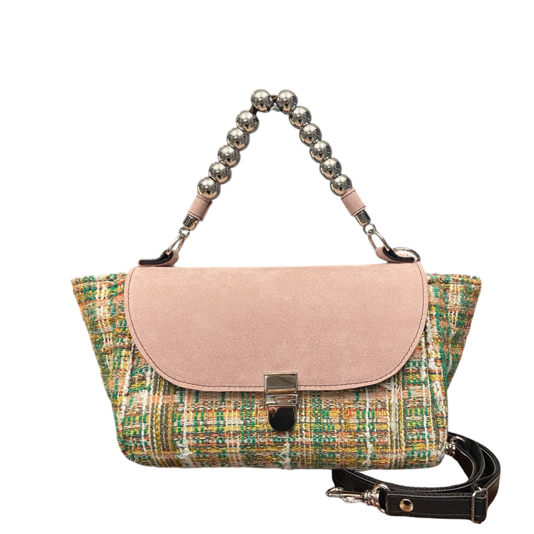 Mini Miura TOOitaly in tweed Chicco e alcantara rosa. Borsa elegante con manico a sfere e tracolla removibile.