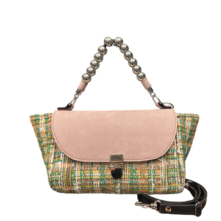 Mini Miura TOOitaly in tweed Chicco e alcantara rosa. Borsa elegante con manico a sfere e tracolla removibile.