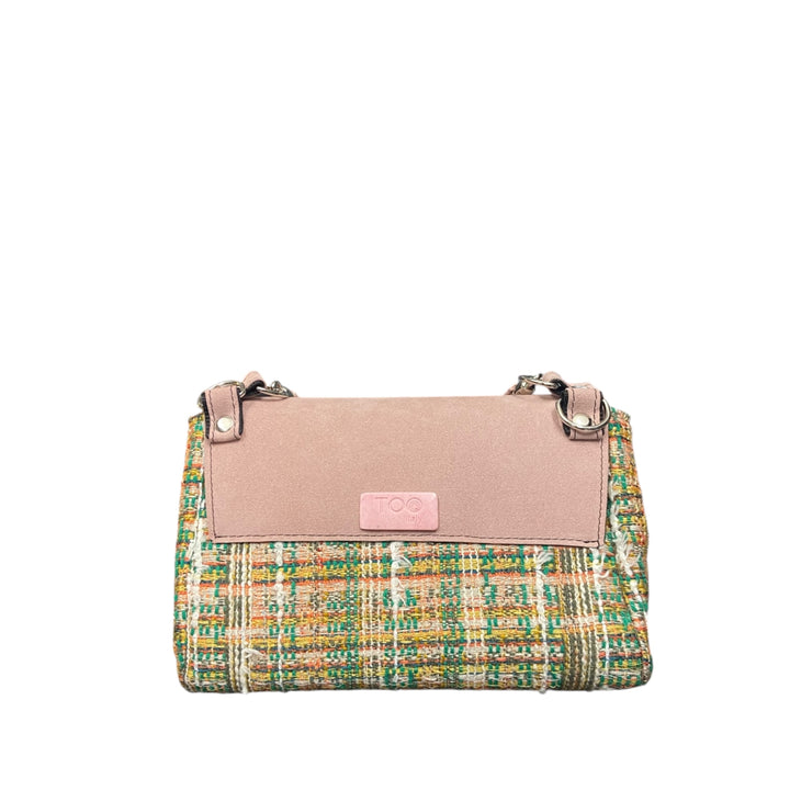Mini Miura TOOitaly in tweed Chicco e alcantara rosa. Borsa elegante con manico a sfere e tracolla removibile.