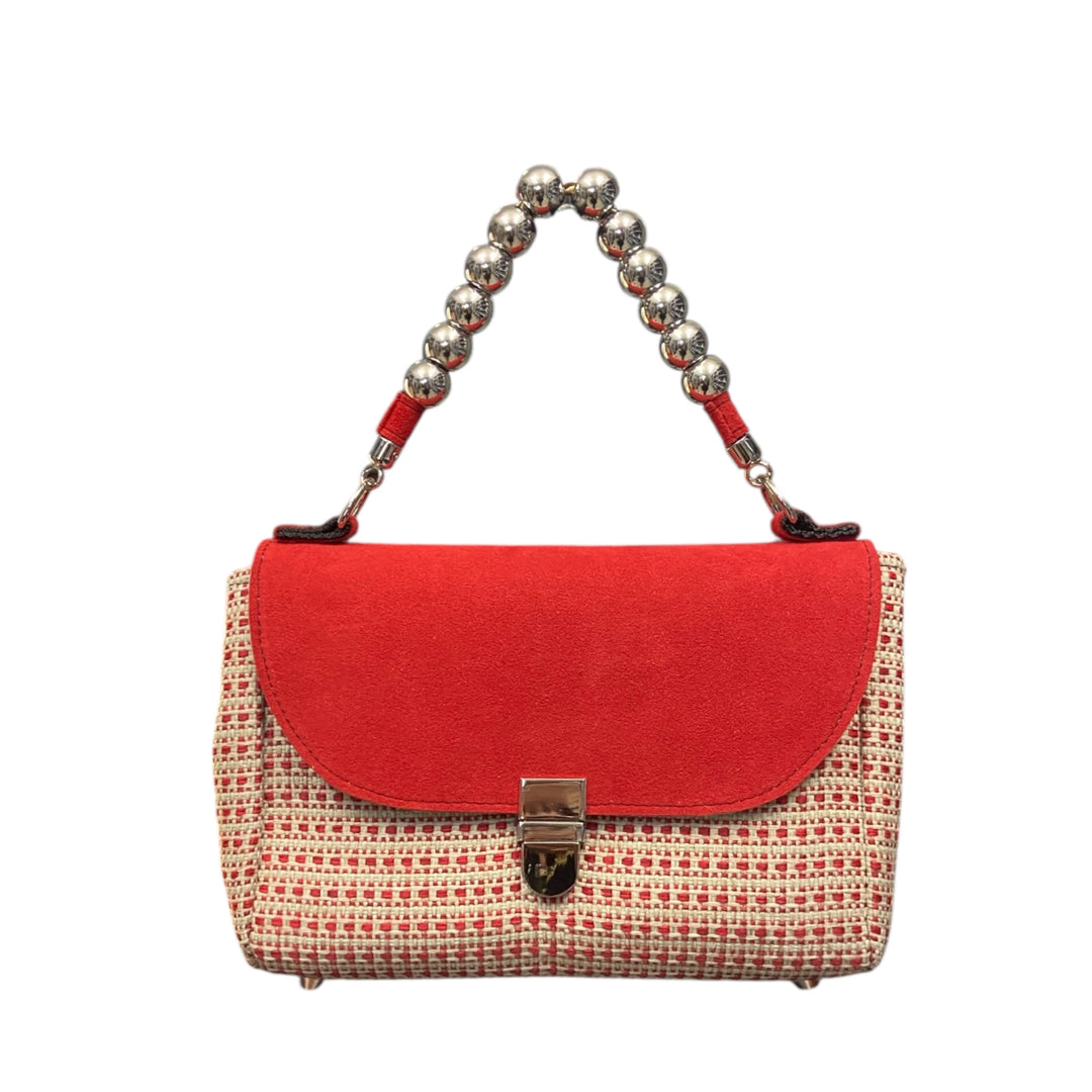 Mini Miura TOOitaly tweed Chicco rosso e alcantara. Borsa compatta Made in Italy con manico a sfere.