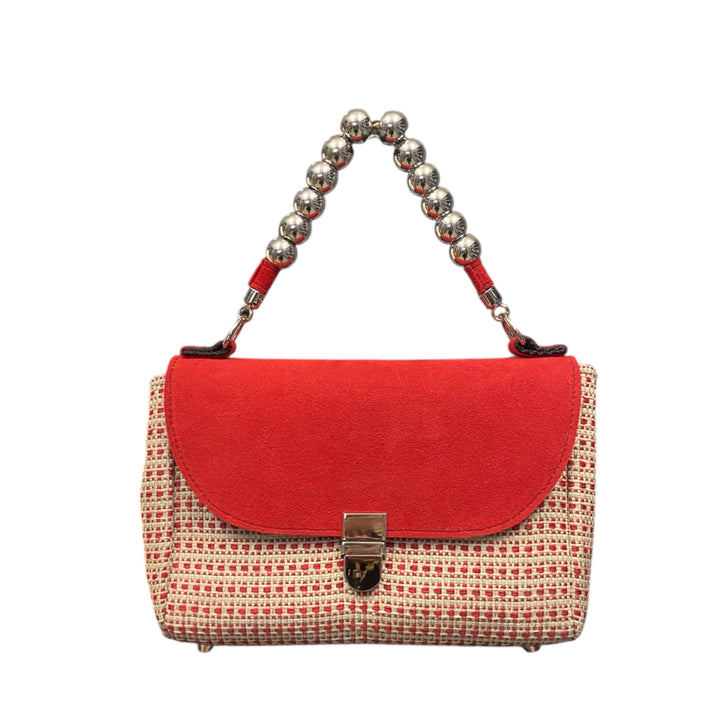 Mini Miura TOOitaly tweed Chicco rosso e alcantara. Borsa compatta Made in Italy con manico a sfere.