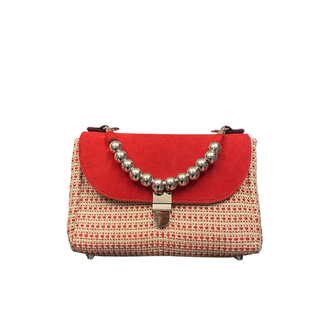 Mini Miura TOOitaly tweed Chicco rosso e alcantara. Borsa compatta Made in Italy con manico a sfere.