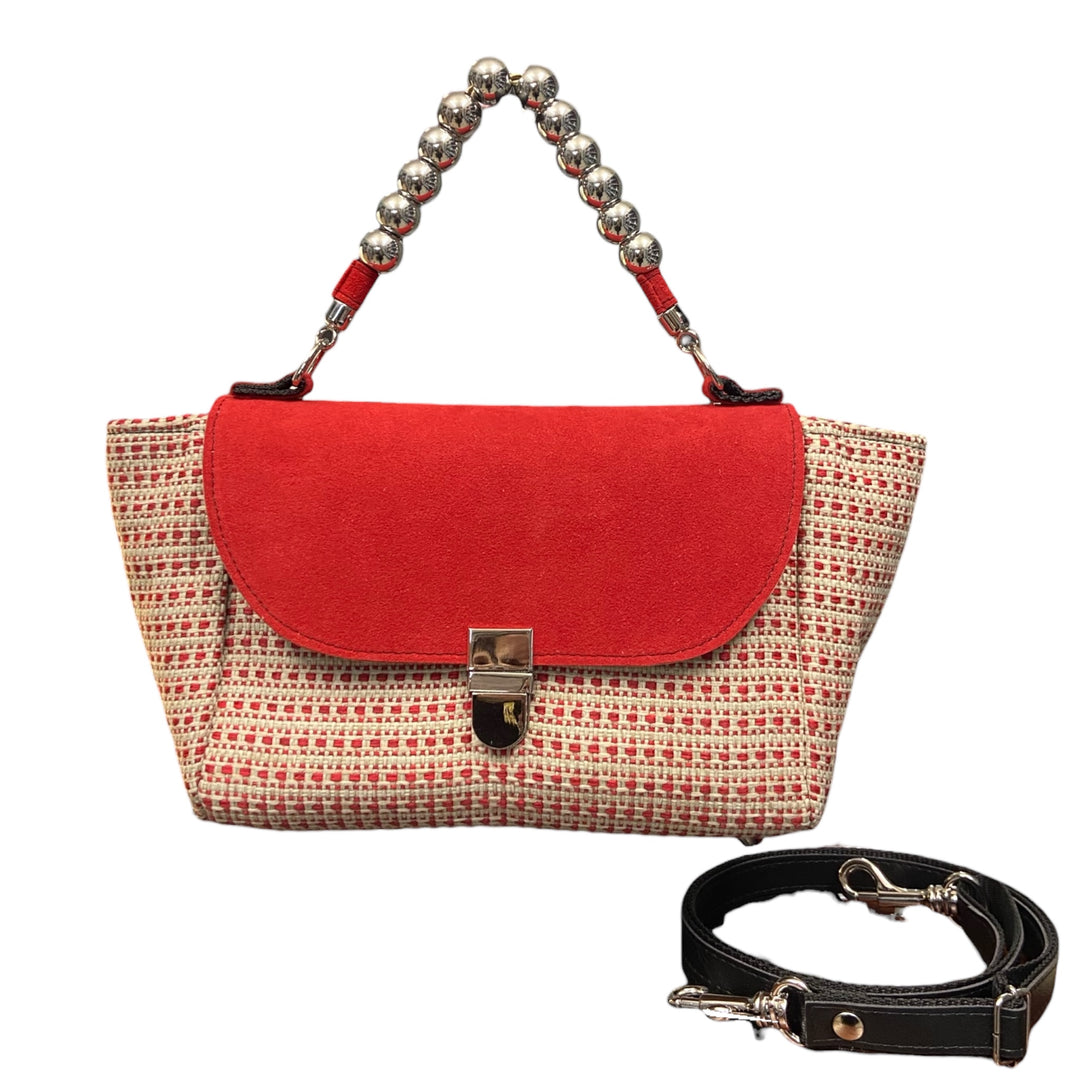 Mini Miura TOOitaly tweed Chicco rosso e alcantara. Borsa compatta Made in Italy con manico a sfere.