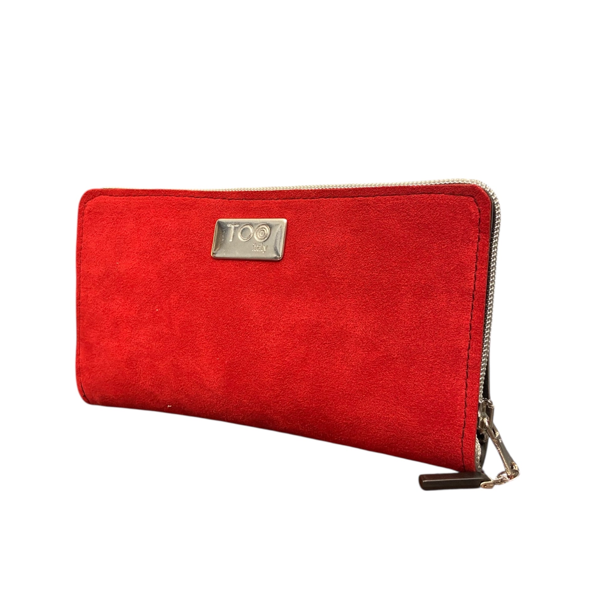 Portafoglio Maxi TOOitaly in alcantara rossa con zip. Morbido, elegante e capiente.