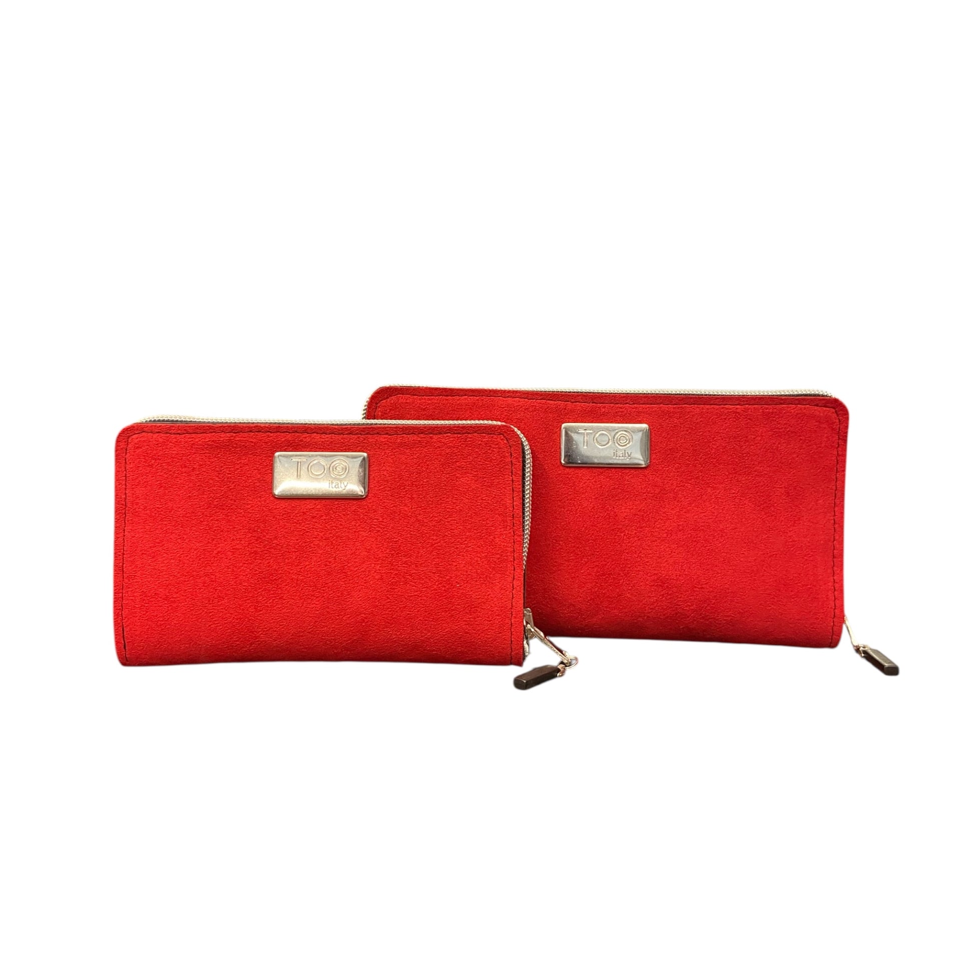 Portafoglio Maxi TOOitaly in alcantara rossa con zip. Morbido, elegante e capiente.