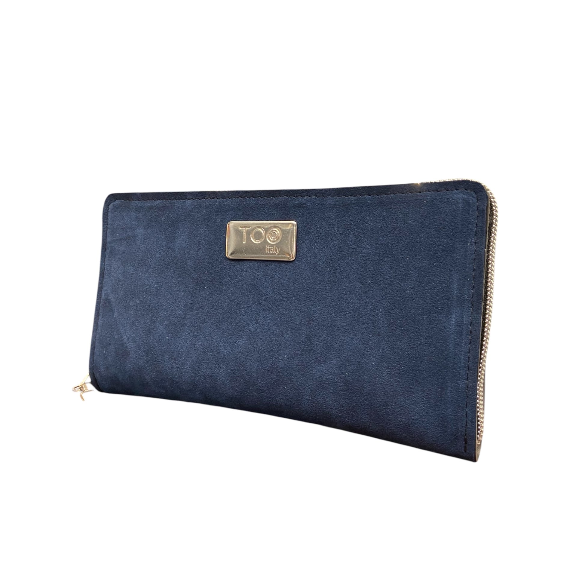Portafoglio Maxi TOOitaly blu in alcantara con zip perimetrale. Elegante e funzionale.