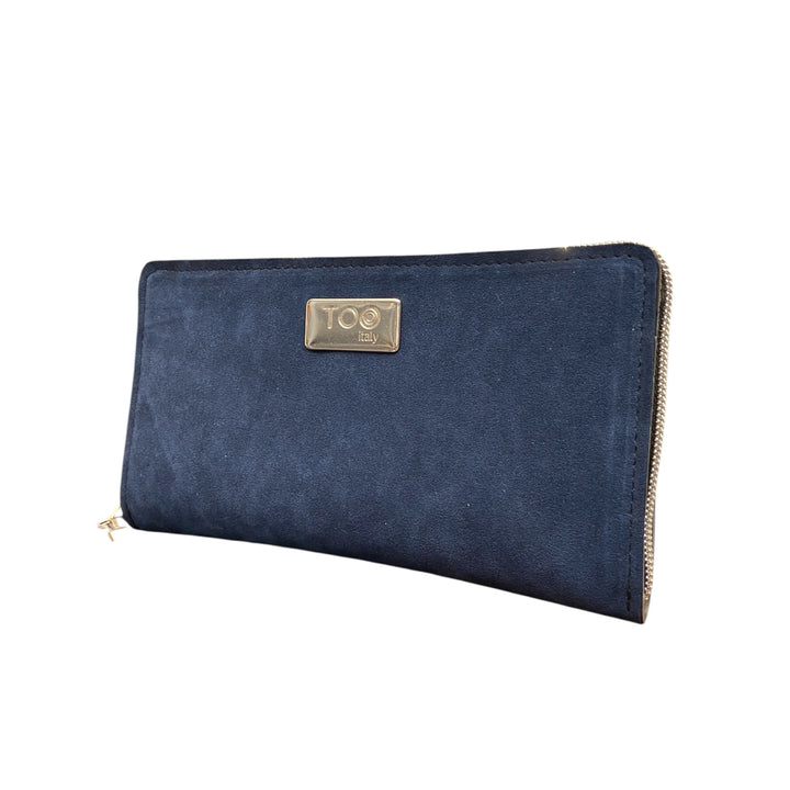 Portafoglio Maxi TOOitaly blu in alcantara con zip perimetrale. Elegante e funzionale.