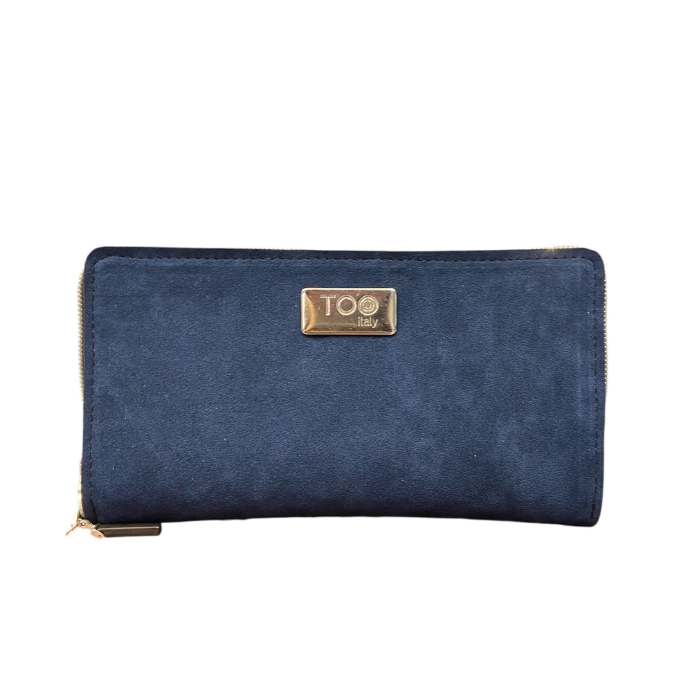 Portafoglio Maxi TOOitaly blu in alcantara con zip perimetrale. Elegante e funzionale.