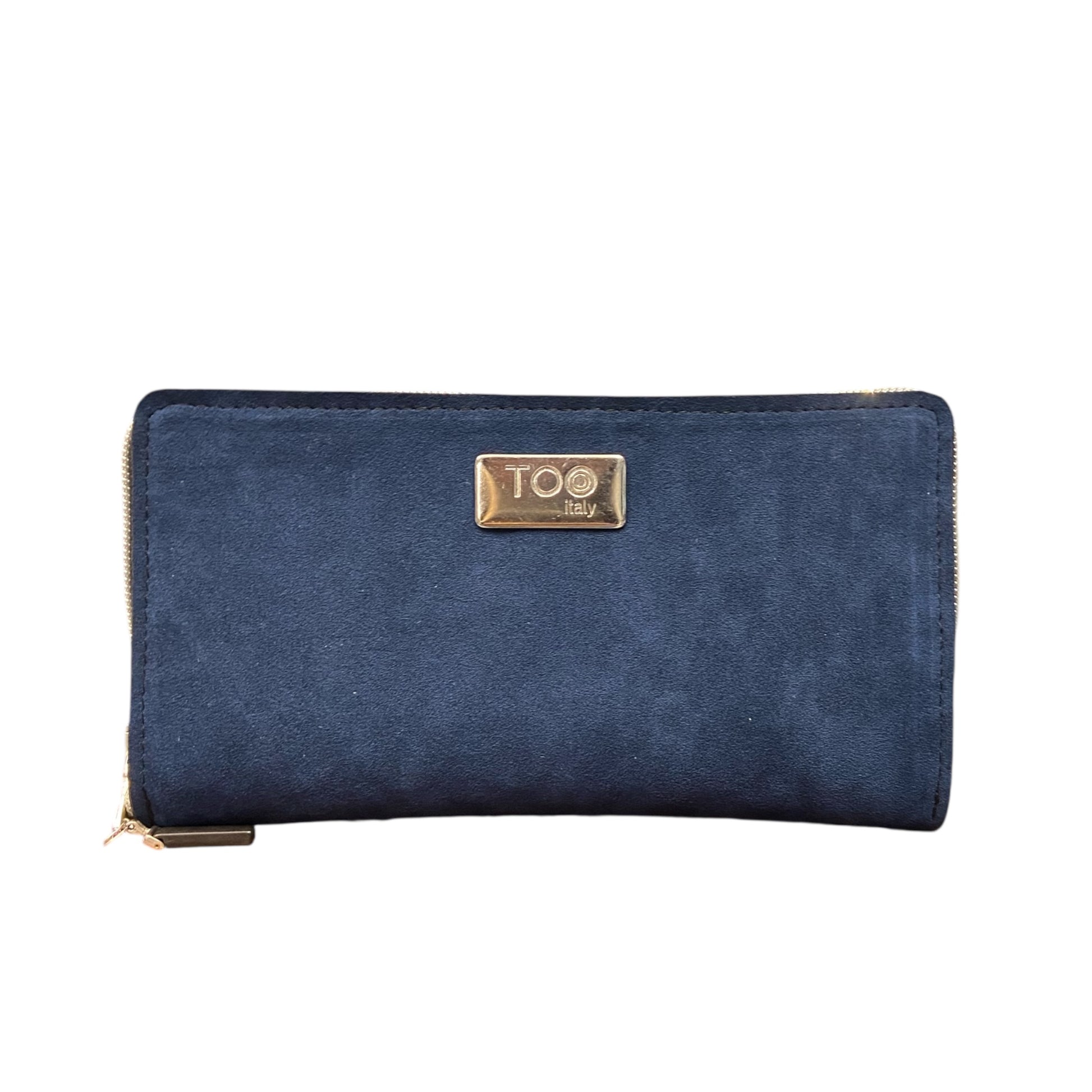 Portafoglio Maxi TOOitaly blu in alcantara con zip perimetrale. Elegante e funzionale.