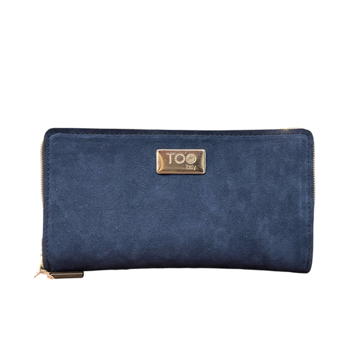 Portafoglio Maxi TOOitaly blu in alcantara con zip perimetrale. Elegante e funzionale.