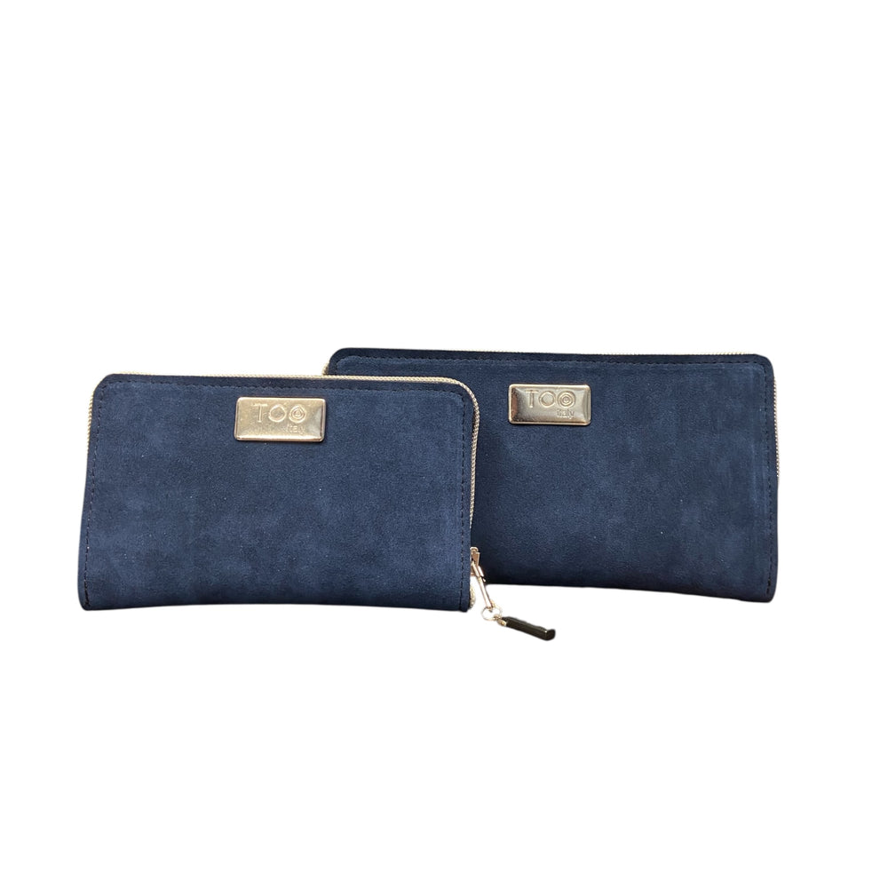 Portafoglio Maxi TOOitaly blu in alcantara con zip perimetrale. Elegante e funzionale.