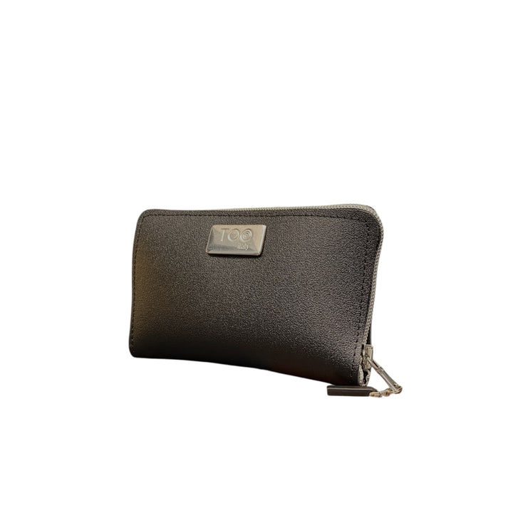 Portafoglio Mini TOOitaly in PVC satinato nero con zip. Compatto e raffinato.