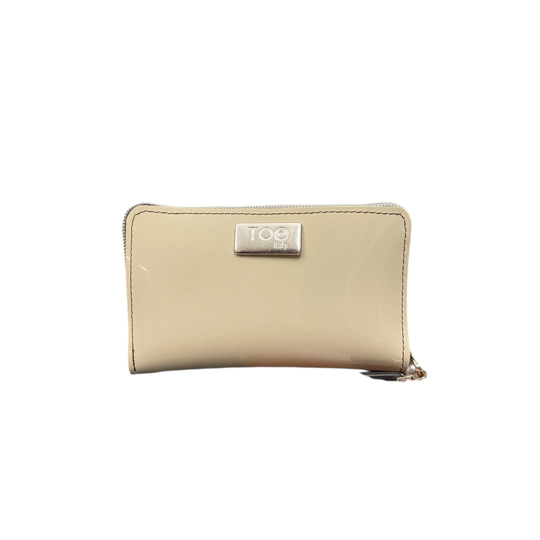 Portafoglio Mini TOOitaly beige in PVC lucido con zip. Elegante, compatto e moderno.
