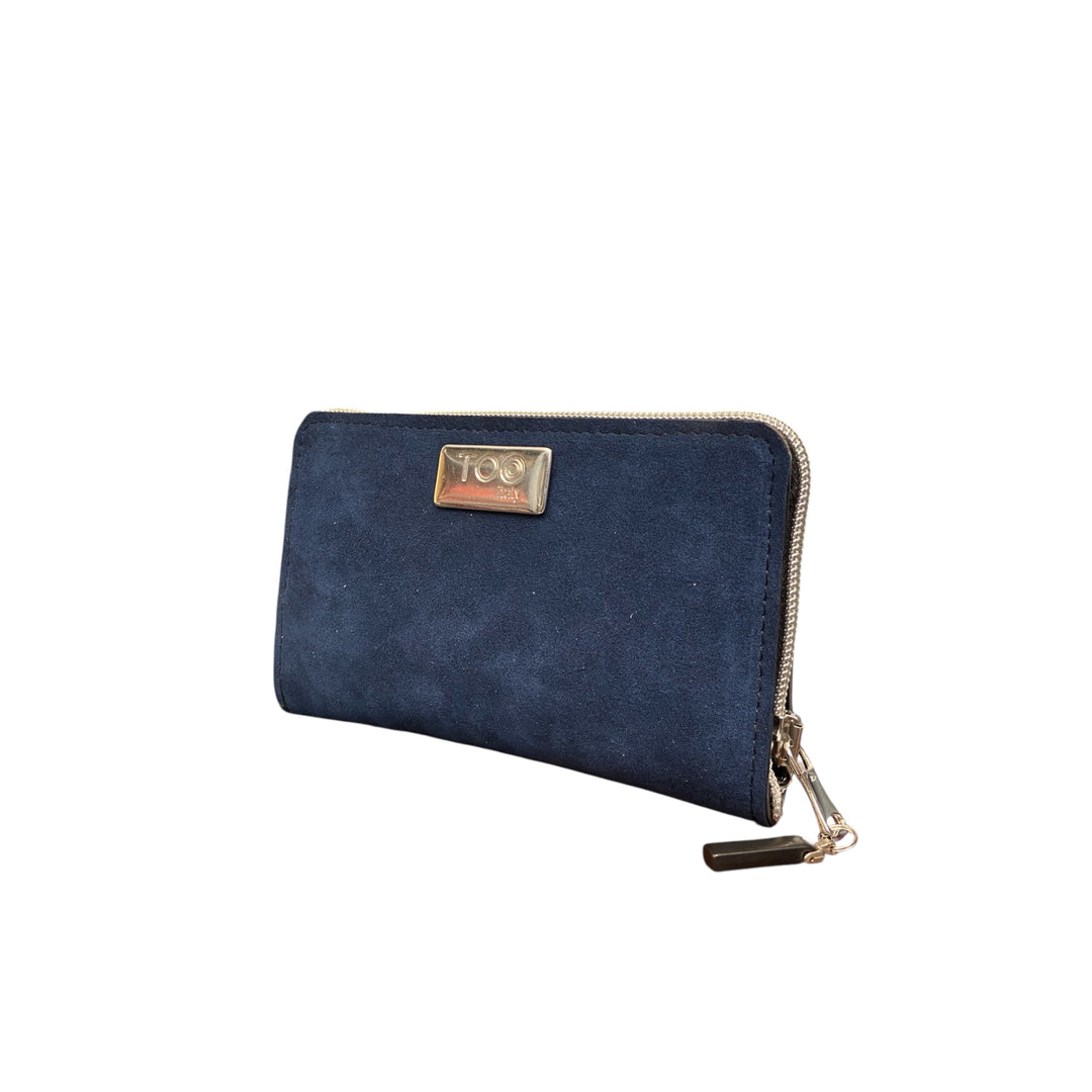 Portafoglio Mini TOOitaly blu in alcantara con zip. Elegante, compatto e funzionale.