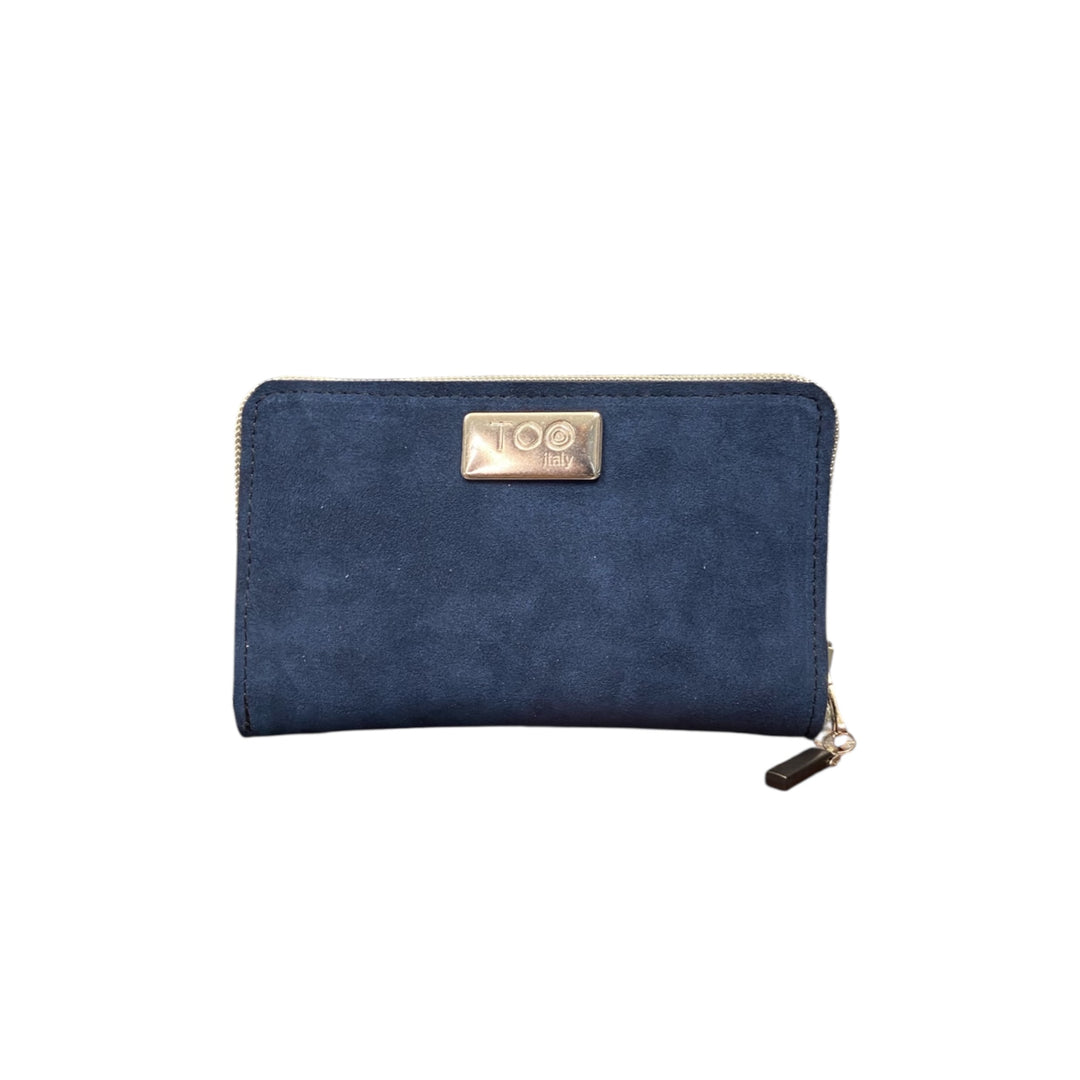 Portafoglio Mini TOOitaly blu in alcantara con zip. Elegante, compatto e funzionale.