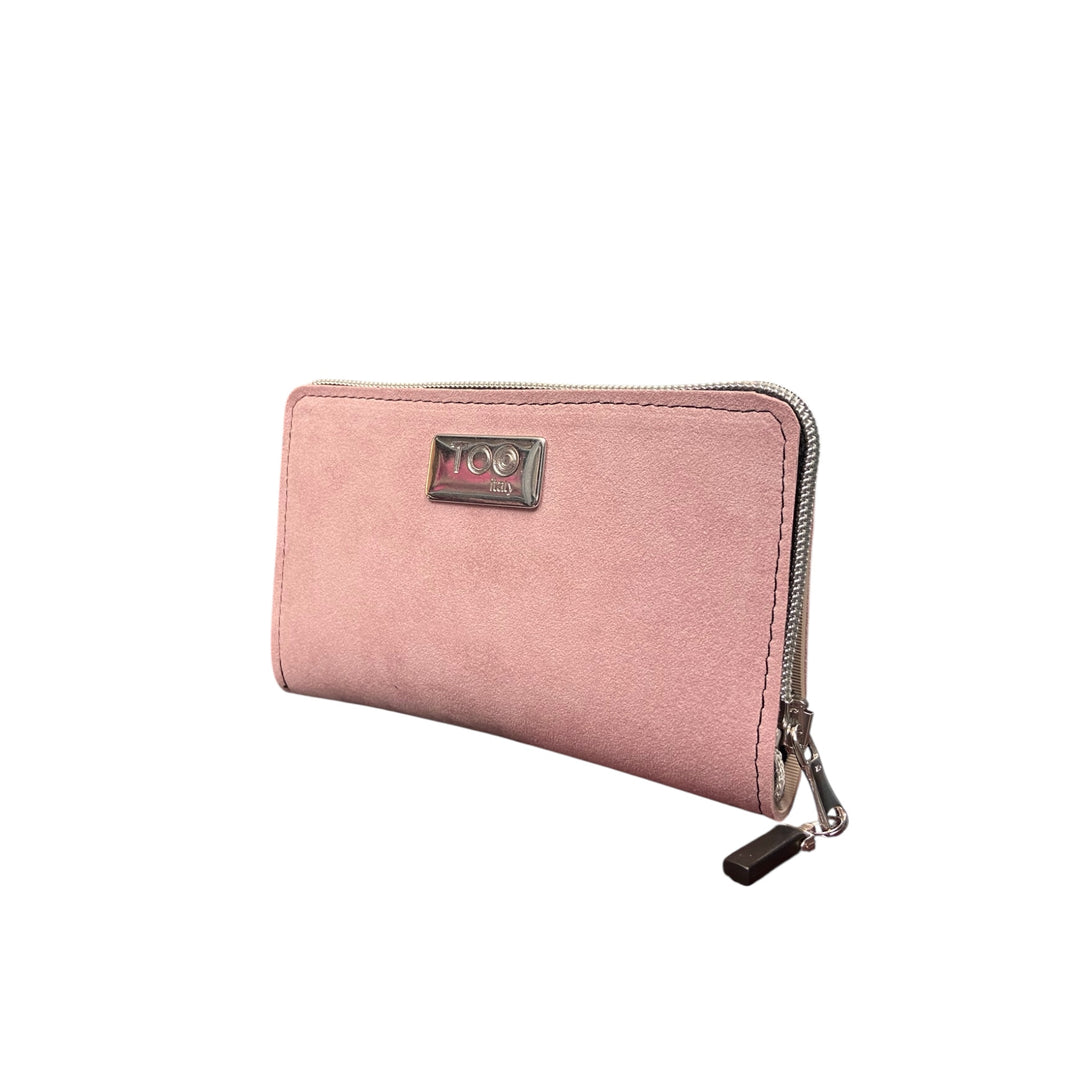 Portafoglio Mini TOOitaly in alcantara rosa con zip. Compatto, elegante e leggero.