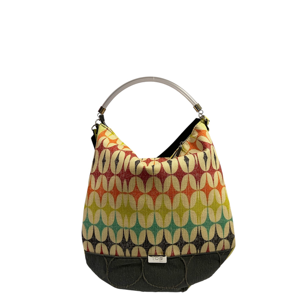 Hobo Maxi TOOitaly Aurora multicolor in tessuti circolari - Borsa grande, leggera e capiente, con manico trasparente e tracolla, Made in Italy.