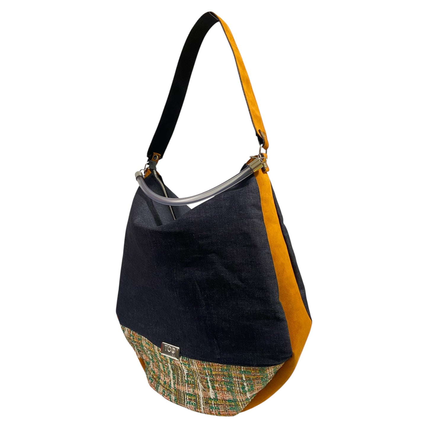 Hobo Maxi TOOitaly Denim Soleil blu e senape - Borsa grande in tessuto e alcantara, leggera e capiente, Made in Italy.