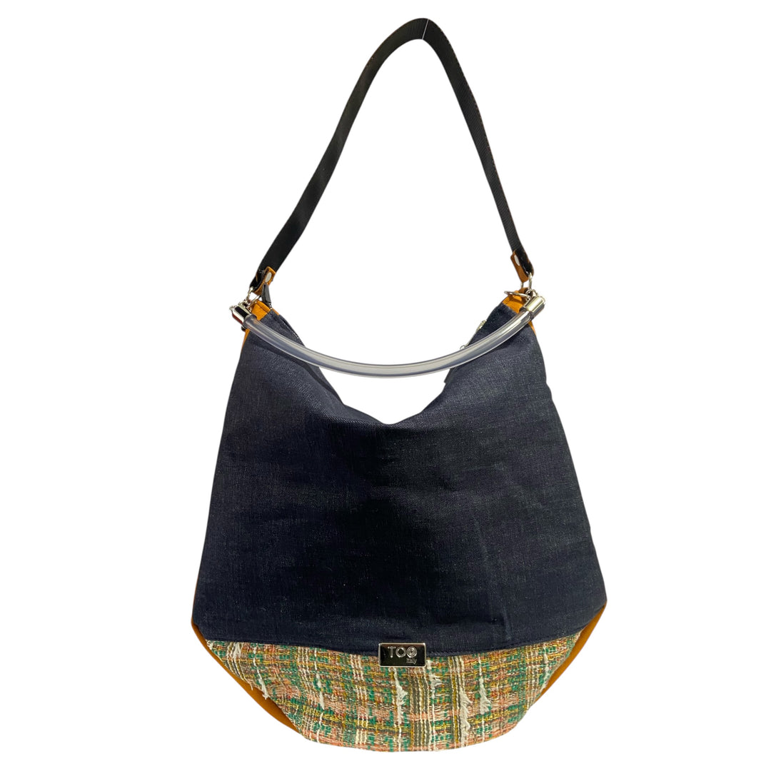 Hobo Maxi TOOitaly Denim Soleil blu e senape - Borsa grande in tessuto e alcantara, leggera e capiente, Made in Italy.