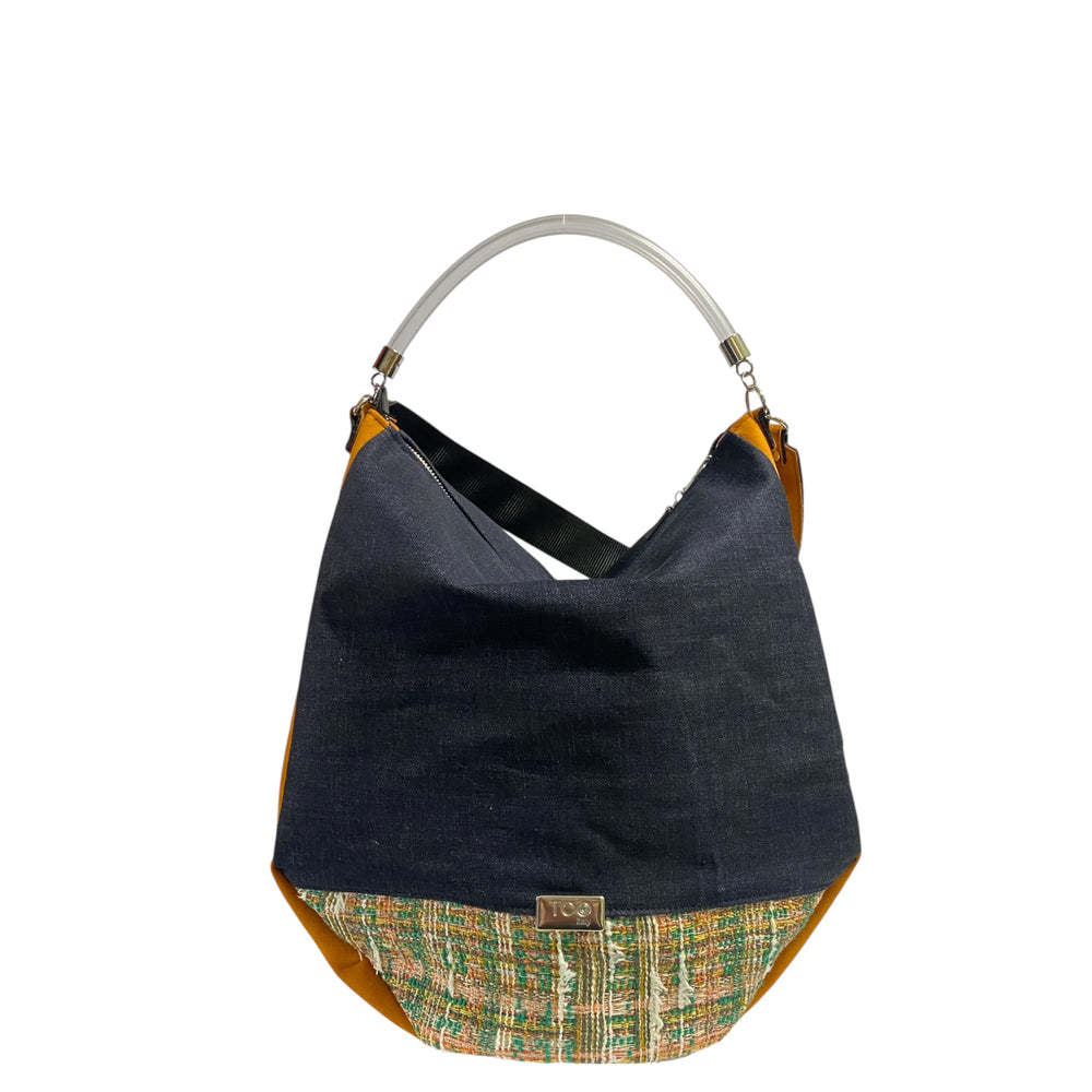 Hobo Maxi TOOitaly Denim Soleil blu e senape - Borsa grande in tessuto e alcantara, leggera e capiente, Made in Italy.